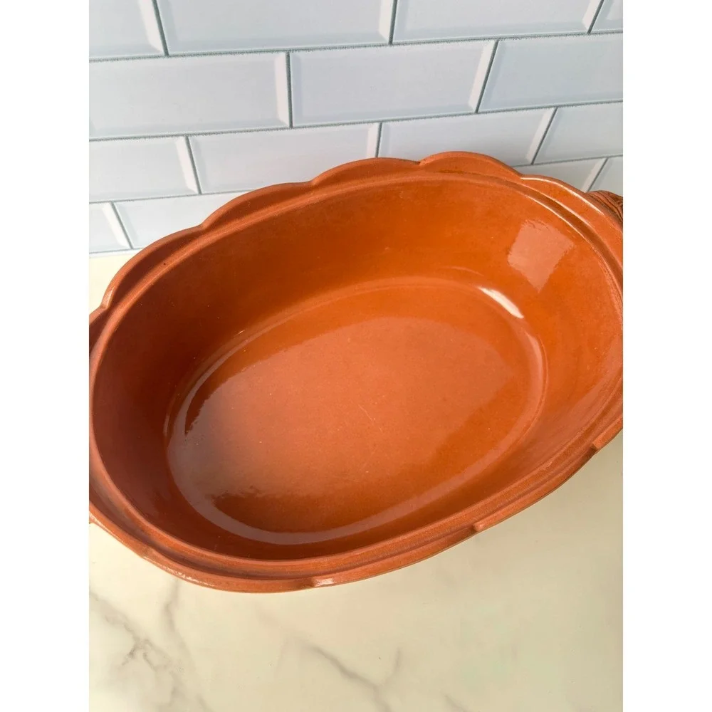 Vintage Terracotta Lidded Casserole Baker Vegetable Harvest Basketweave Oval‎